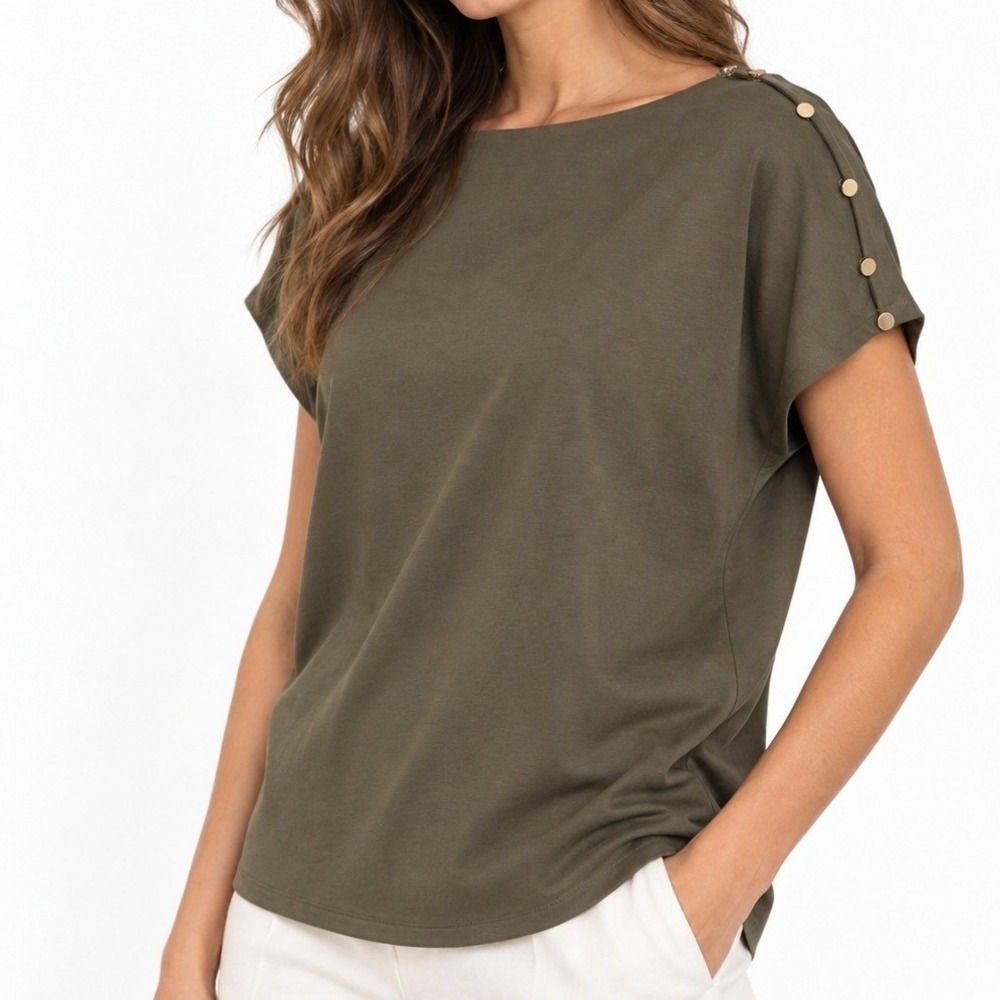 Women's Olive Green Blouse Size L Boat Neck Cap Sleeve Button Shoulder Relaxed
